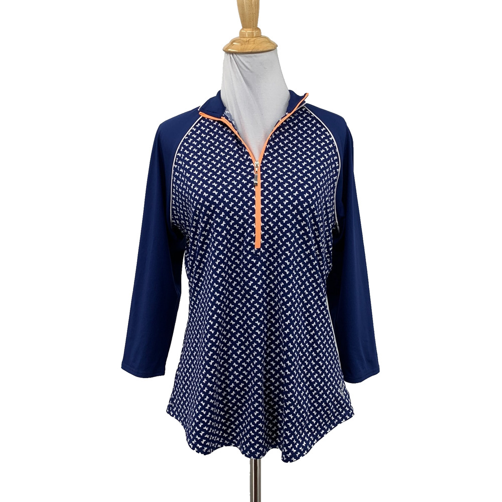 Jofit Polo Top Women S Small Prussian White Printed Raglan Sleeves Half Zip Golf